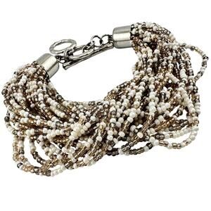 Champagne Beige White Beaded Multistrand Silver Tone Fashion 6.25-7” Bracelet